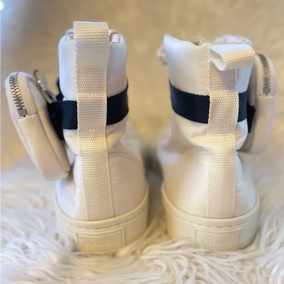 Prada White High-Top Sneakers with Black Strap - Picture 4 of 14
